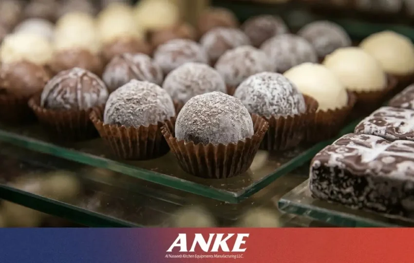 Chocolate bloom on truffles in a commercial chocolate display cabinet caused by poor temperature and humidity control