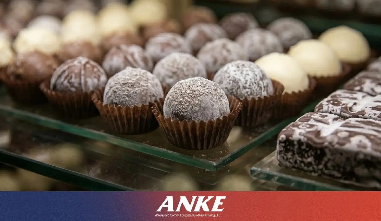 Chocolate bloom on truffles in a commercial chocolate display cabinet caused by poor temperature and humidity control