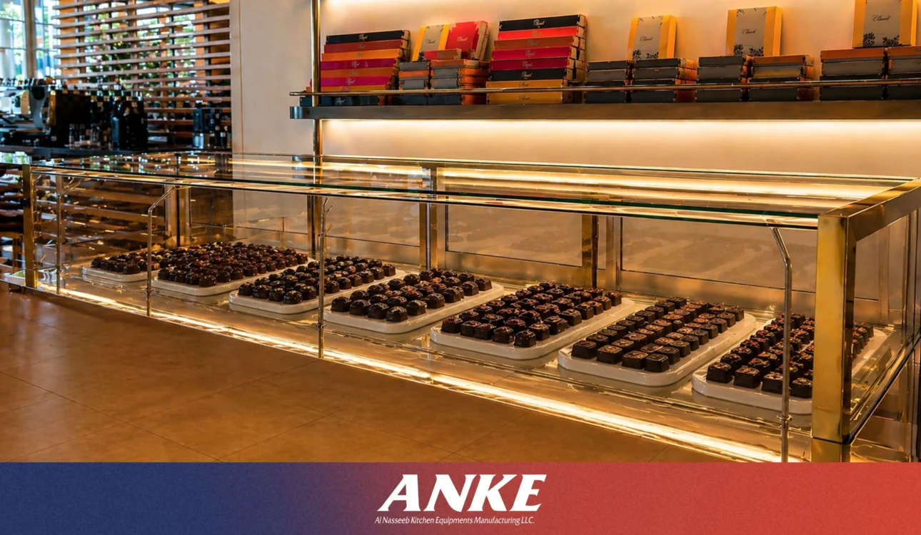 Chocolate display cabinet cost in Dubai with custom glass counter by ANKE International