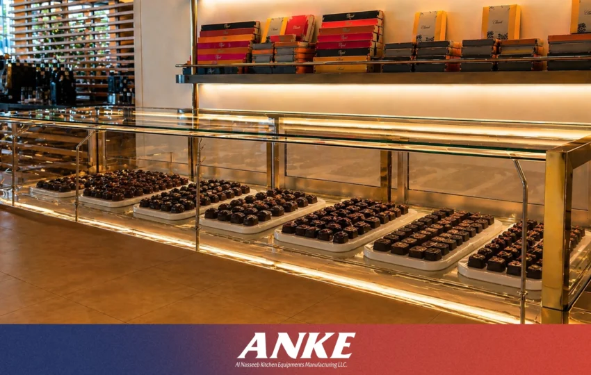 Chocolate display cabinet cost in Dubai with custom glass counter by ANKE International