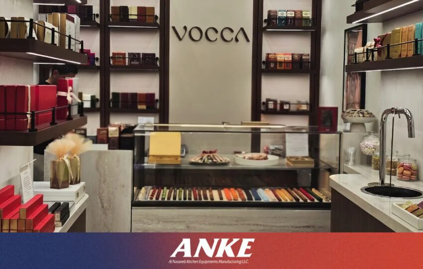 Custom ANKE chocolate display cabinet at VOCCA Chocolatier, Dubai.