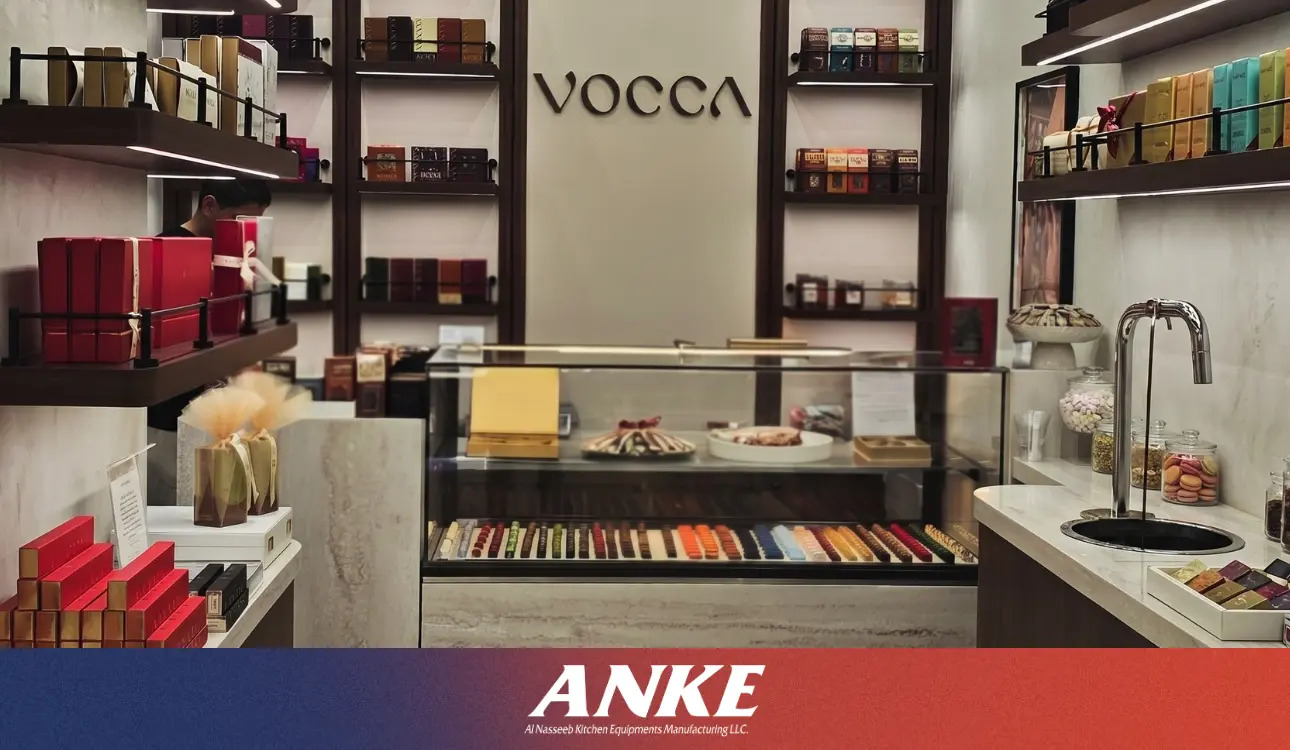 Custom ANKE chocolate display cabinet at VOCCA Chocolatier, Dubai.