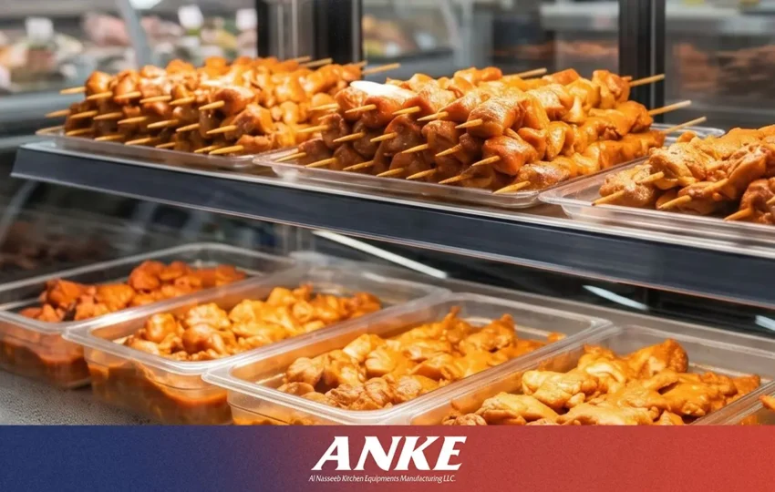 Marinated chicken kebab skewers on trays in an ANKE static-cooled refrigerated display chiller, showing intact masala coating and fresh colour.