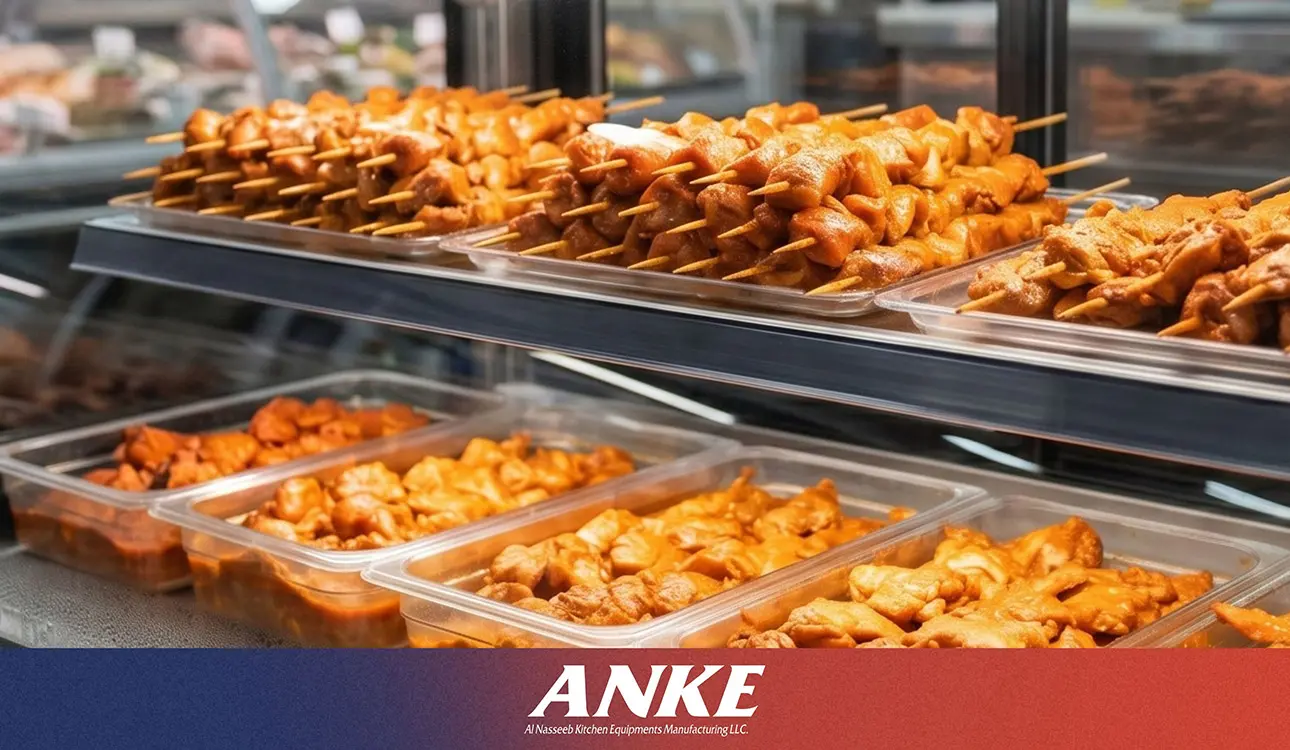 Marinated chicken kebab skewers on trays in an ANKE static-cooled refrigerated display chiller, showing intact masala coating and fresh colour.