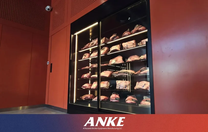 ANKE upright commercial meat display with modular shelving maximizes merchandising capacity for packaged fresh meat in Dubai butcheries.