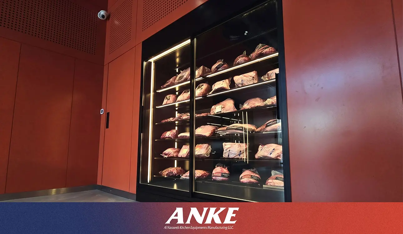 ANKE upright commercial meat display with modular shelving maximizes merchandising capacity for packaged fresh meat in Dubai butcheries.