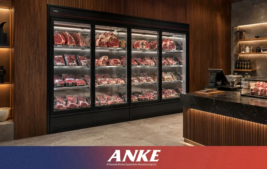 ANKE commercial meat display counter with per-shelf LED lighting and argon-filled insulated glass for UAE butchery sales
