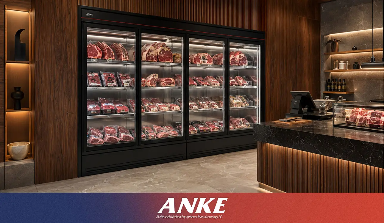 ANKE commercial meat display counter with per-shelf LED lighting and argon-filled insulated glass for UAE butchery sales